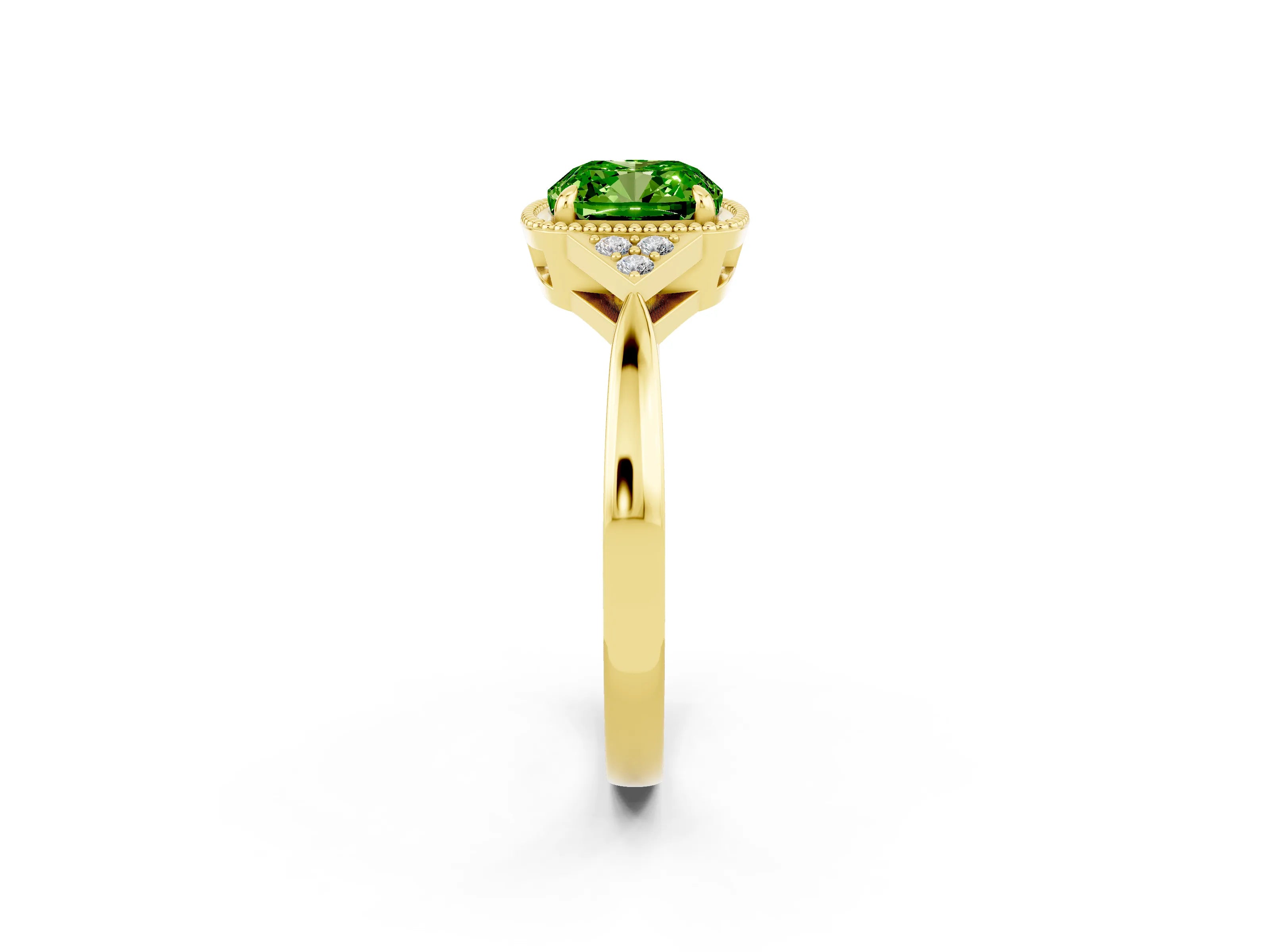 Yellow gold Cushion Cut Peridot Halo Ring with Tapered Band and Four-Prong Setting_2