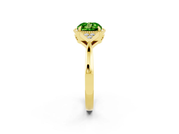 Yellow gold Cushion Cut Peridot Halo Ring with Tapered Band and Four-Prong Setting