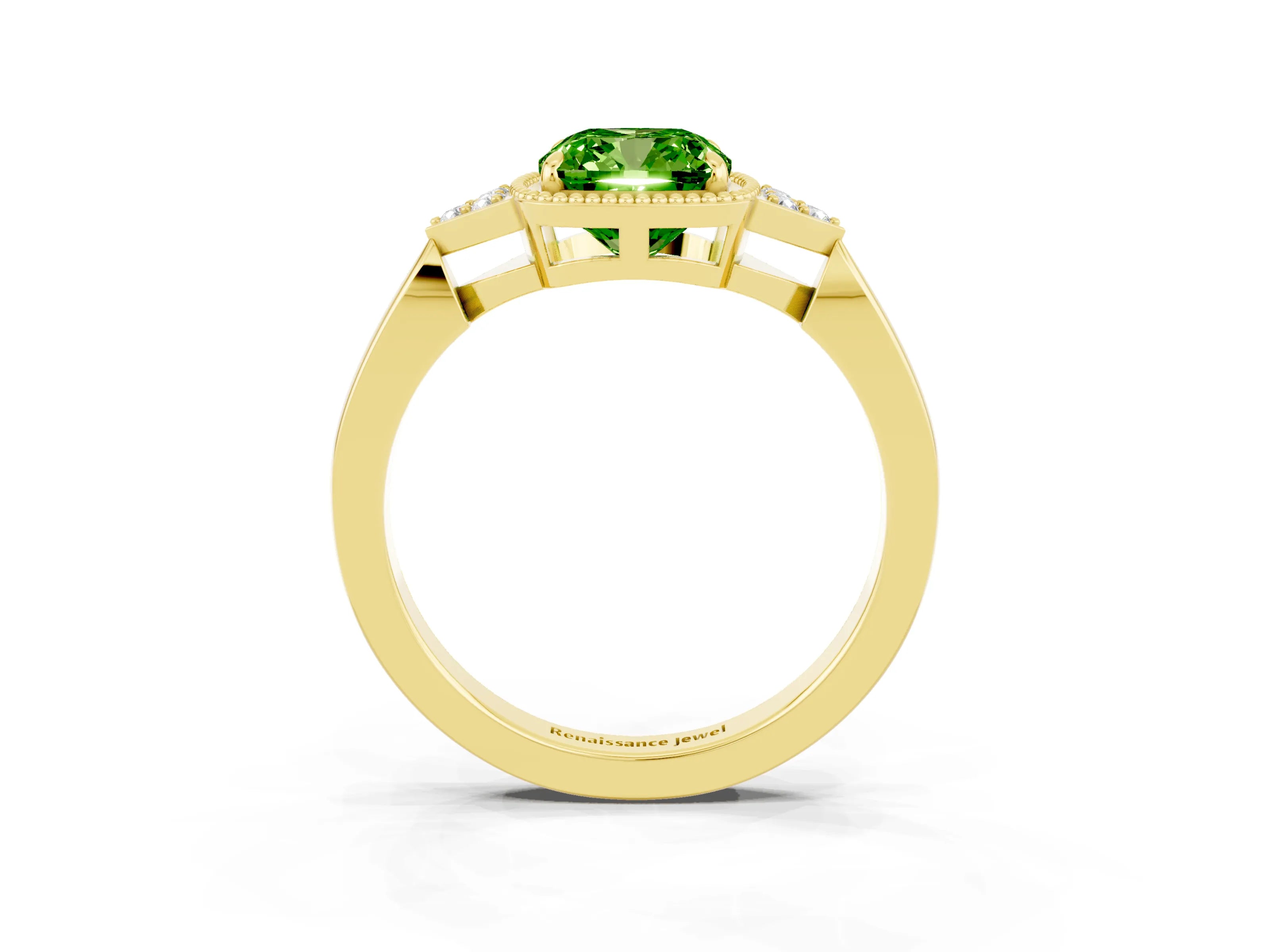 Yellow gold Cushion Cut Peridot Halo Ring with Tapered Band and Four-Prong Setting_3