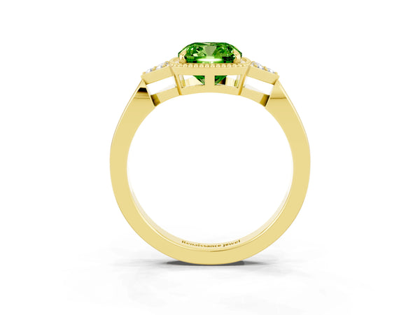 Yellow gold Cushion Cut Peridot Halo Ring with Tapered Band and Four-Prong Setting