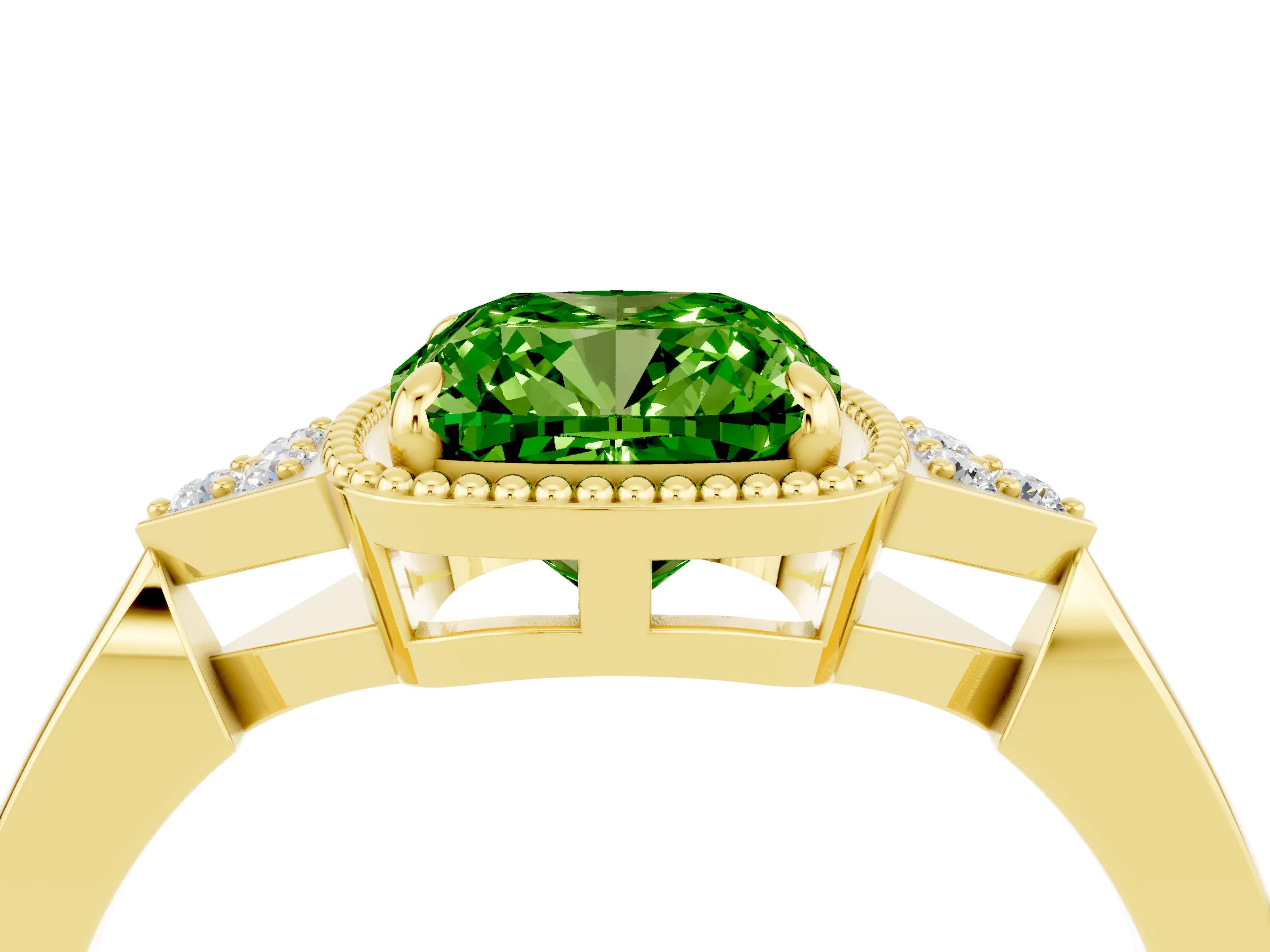 Yellow gold Cushion Cut Peridot Halo Ring with Tapered Band and Four-Prong Setting_4