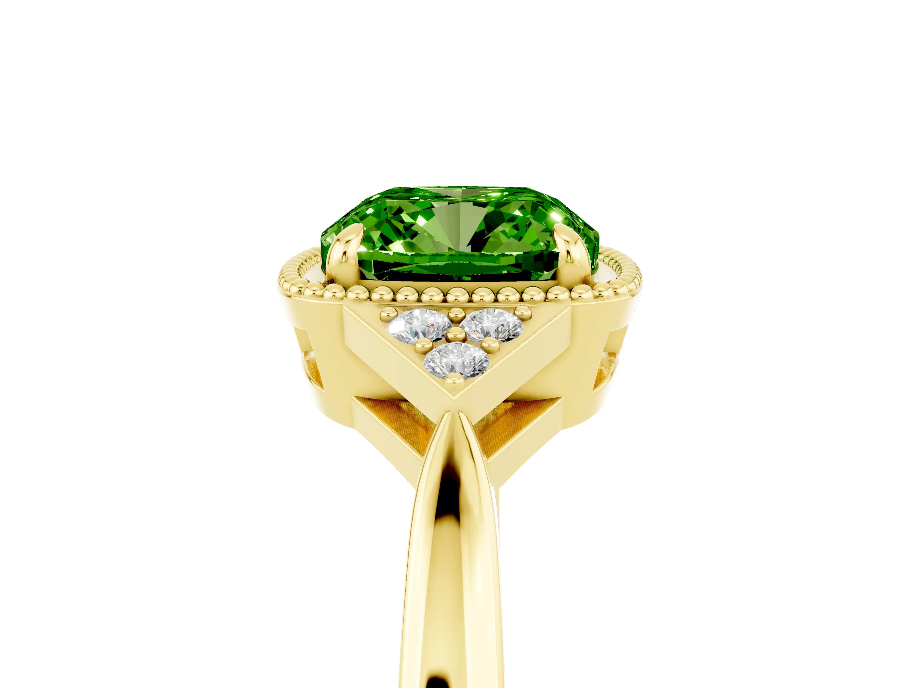 Yellow gold Cushion Cut Peridot Halo Ring with Tapered Band and Four-Prong Setting_5