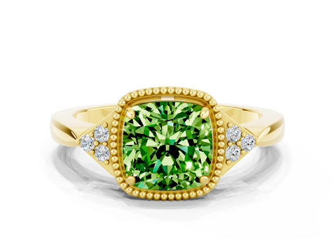 Yellow gold Cushion Cut Peridot Halo Ring with Tapered Band and Four-Prong Setting
