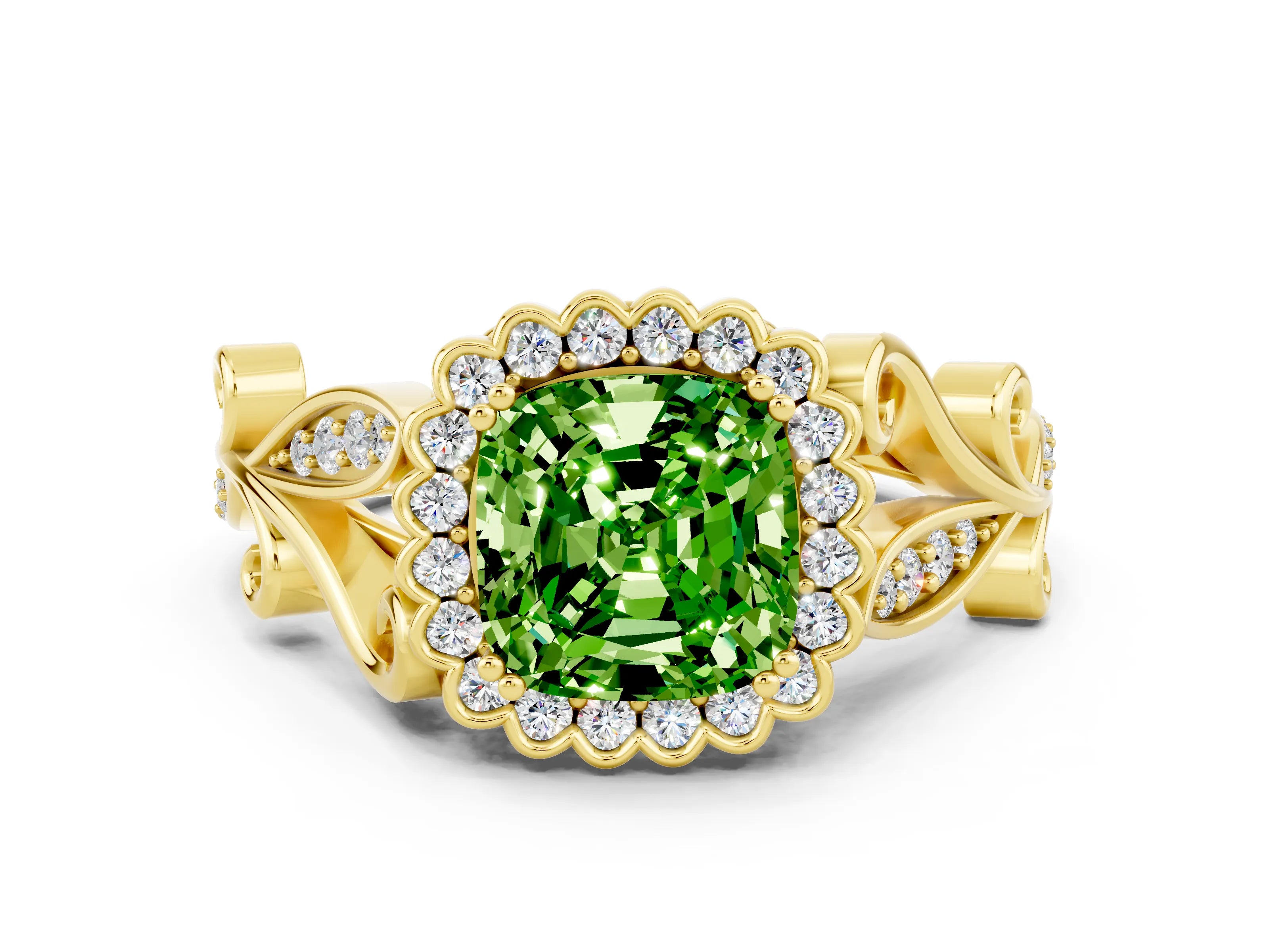Yellow gold Cushion Cut Peridot Halo Ring with Vintage Split Shank and Four-Prong Setting