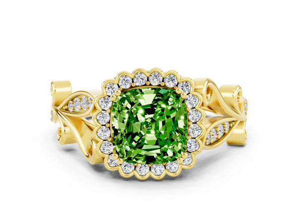 Yellow gold Cushion Cut Peridot Halo Ring with Vintage Split Shank and Four-Prong Setting