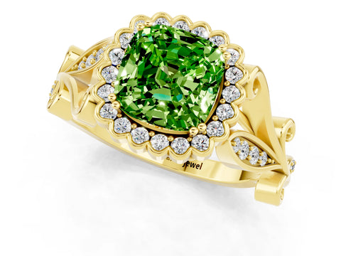 Yellow gold Cushion Cut Peridot Halo Ring with Vintage Split Shank and Four-Prong Setting_1