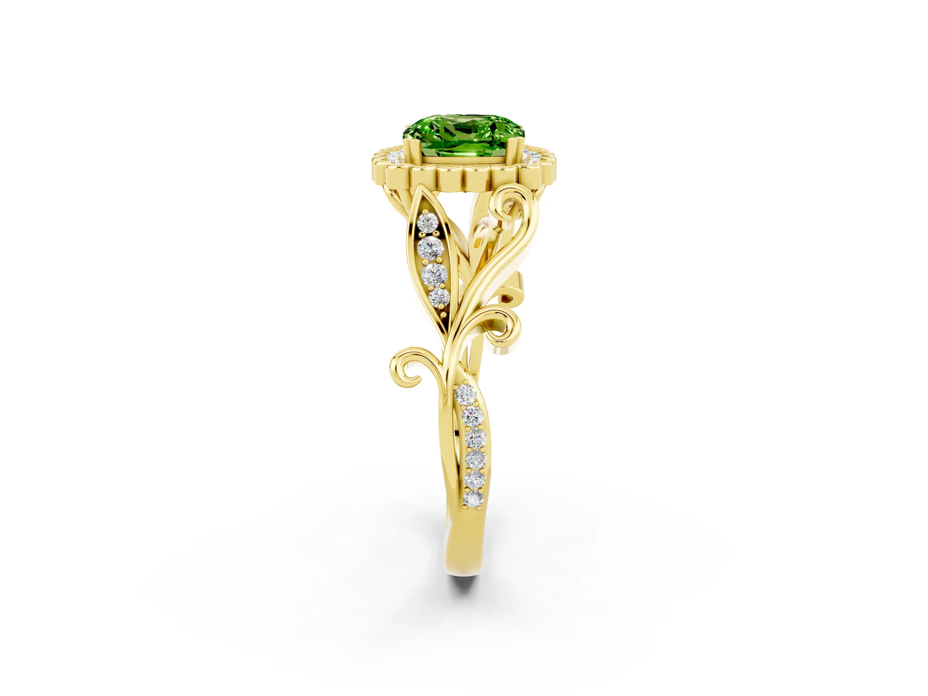 Yellow gold Cushion Cut Peridot Halo Ring with Vintage Split Shank and Four-Prong Setting_2