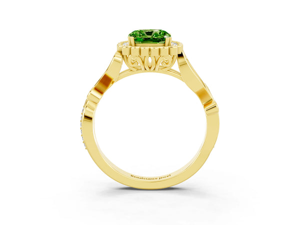 Yellow gold Cushion Cut Peridot Halo Ring with Vintage Split Shank and Four-Prong Setting