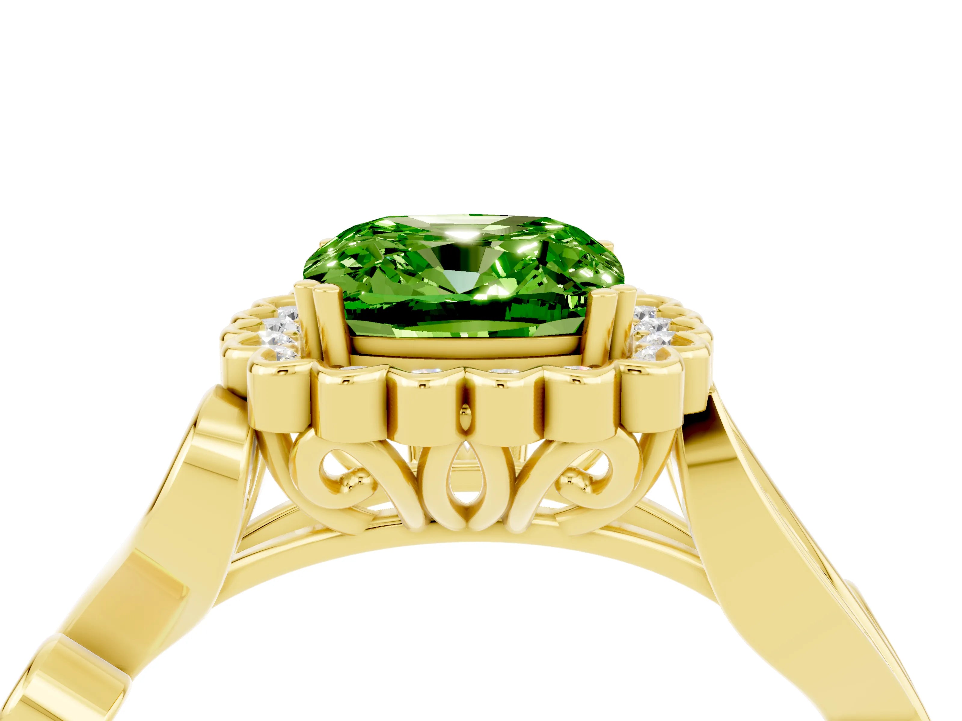 Yellow gold Cushion Cut Peridot Halo Ring with Vintage Split Shank and Four-Prong Setting_4