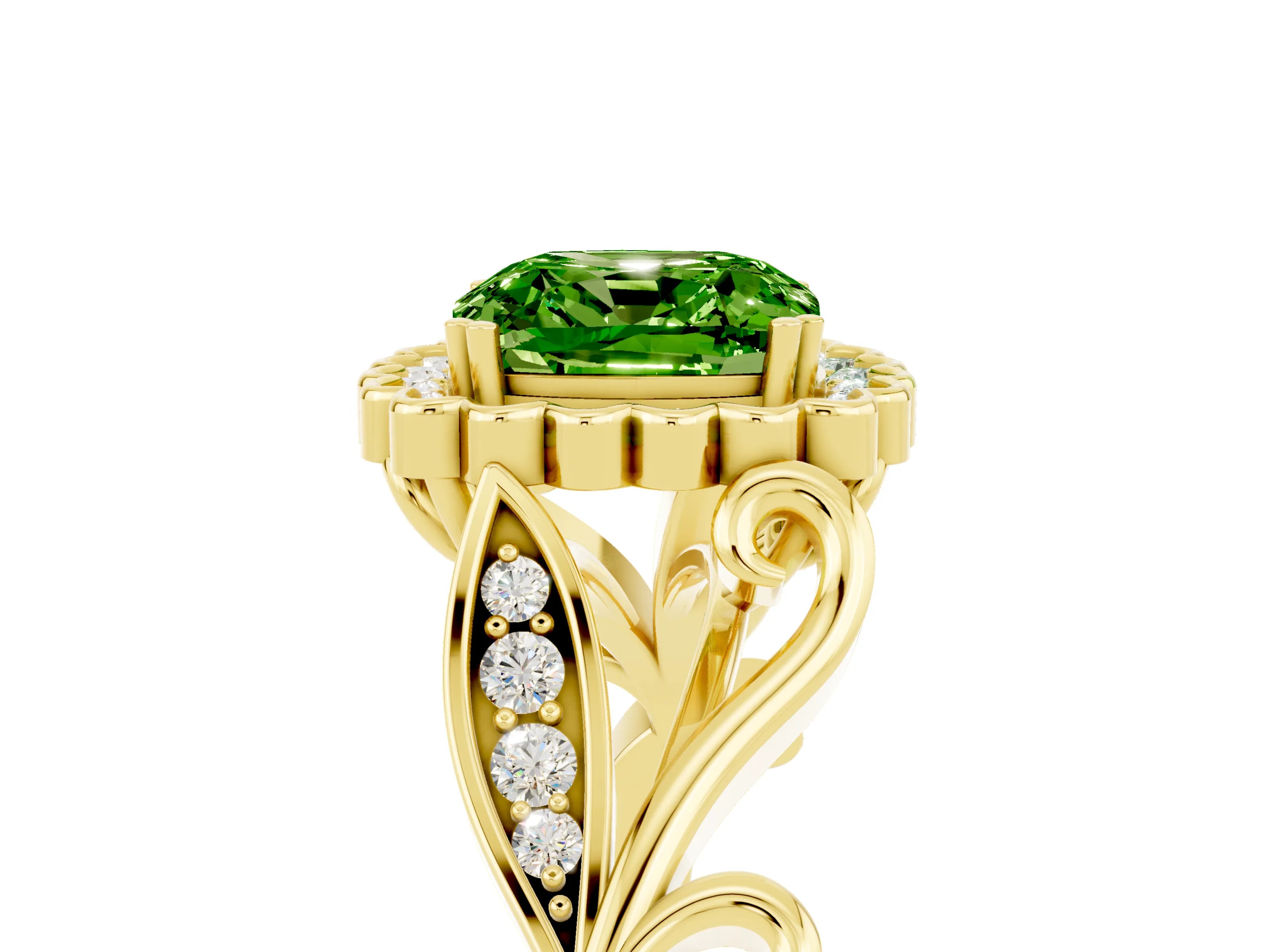 Yellow gold Cushion Cut Peridot Halo Ring with Vintage Split Shank and Four-Prong Setting_5
