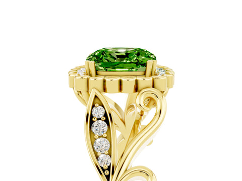 Yellow gold Cushion Cut Peridot Halo Ring with Vintage Split Shank and Four-Prong Setting_5