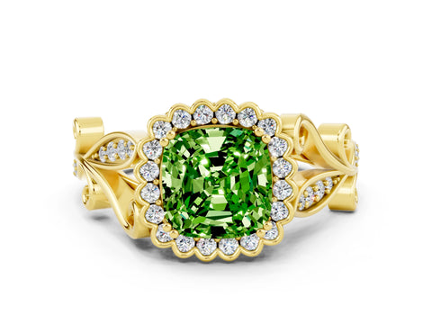 Yellow gold Cushion Cut Peridot Halo Ring with Vintage Split Shank and Four-Prong Setting