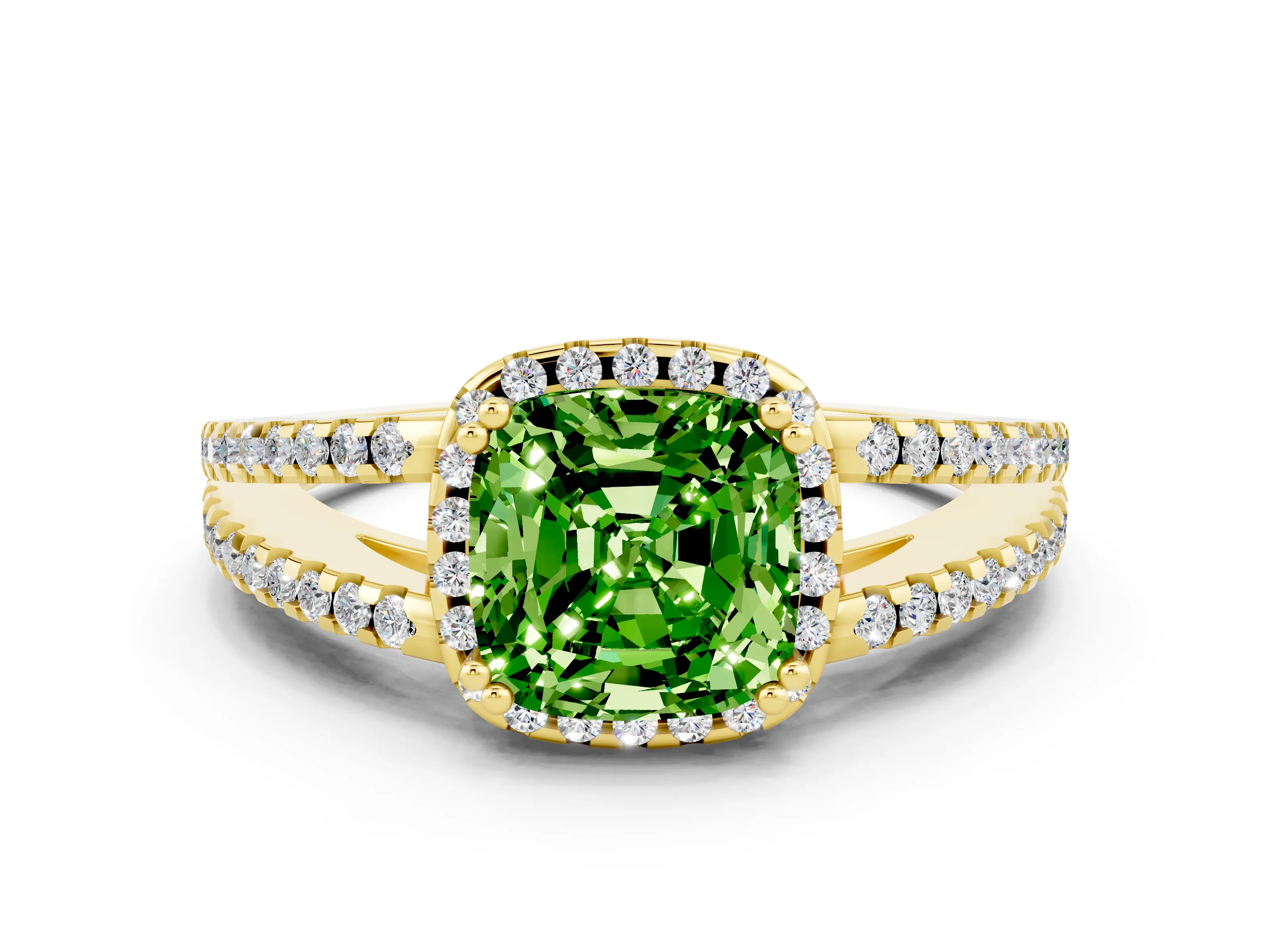 Yellow gold Cushion Cut Peridot Halo Split Shank Engagement Ring_12