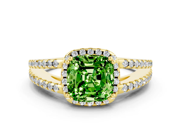 Yellow gold Cushion Cut Peridot Halo Split Shank Engagement Ring