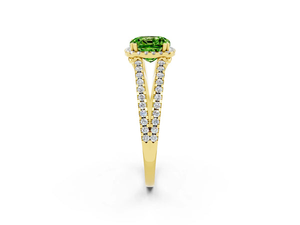 Yellow gold Cushion Cut Peridot Halo Split Shank Engagement Ring
