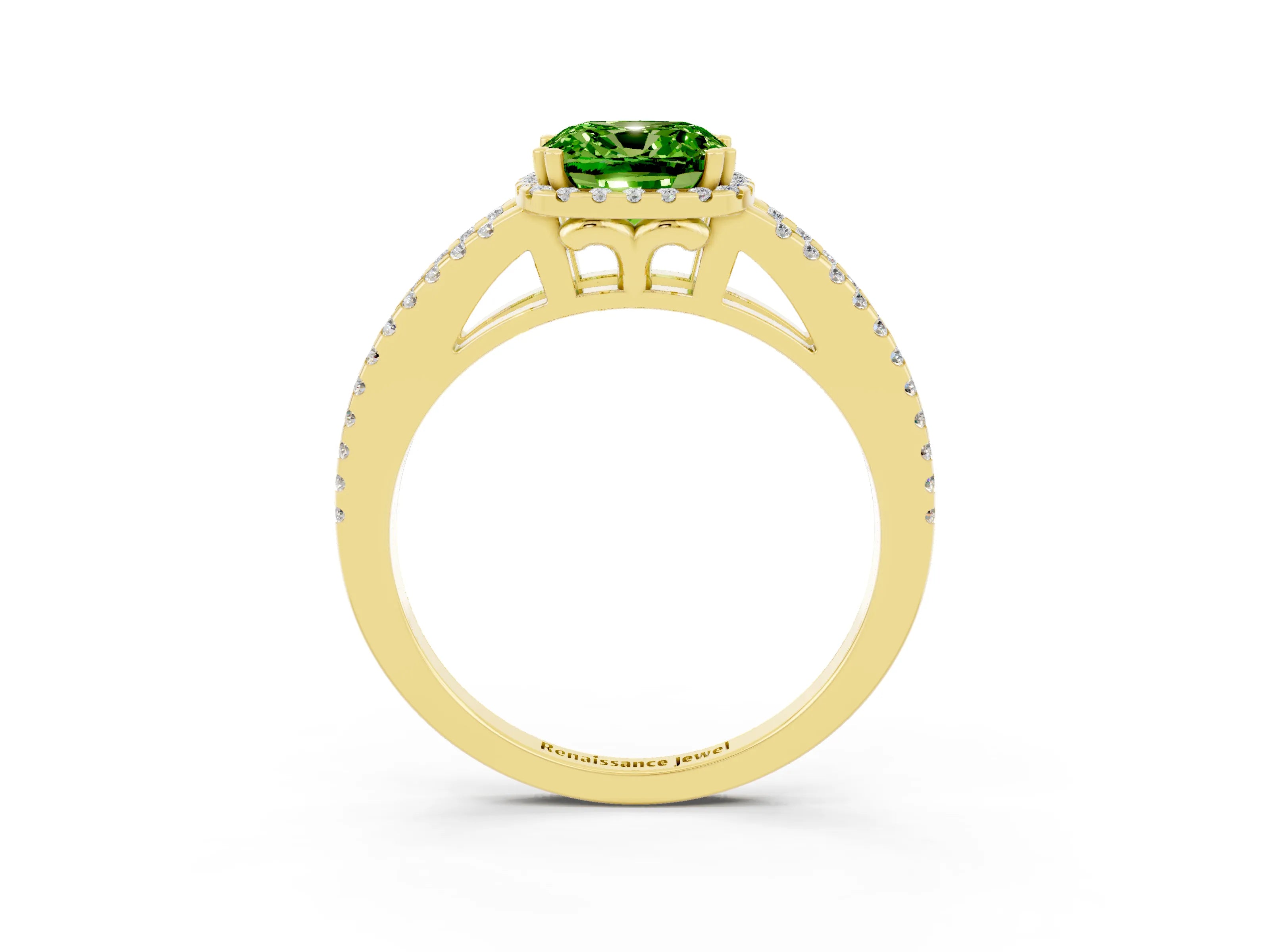 Yellow gold Cushion Cut Peridot Halo Split Shank Engagement Ring_15