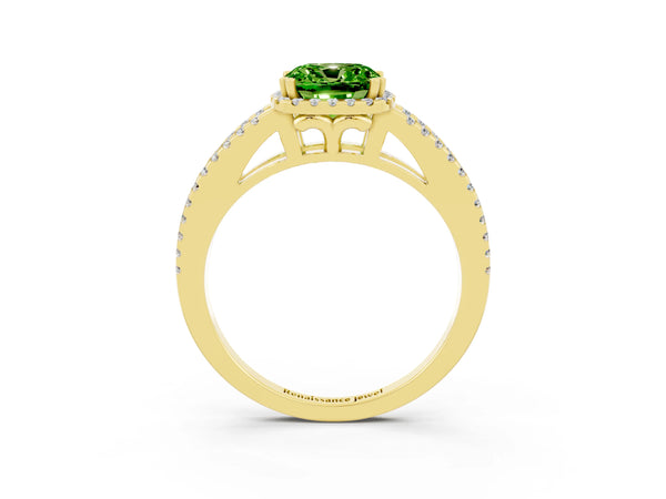 Yellow gold Cushion Cut Peridot Halo Split Shank Engagement Ring