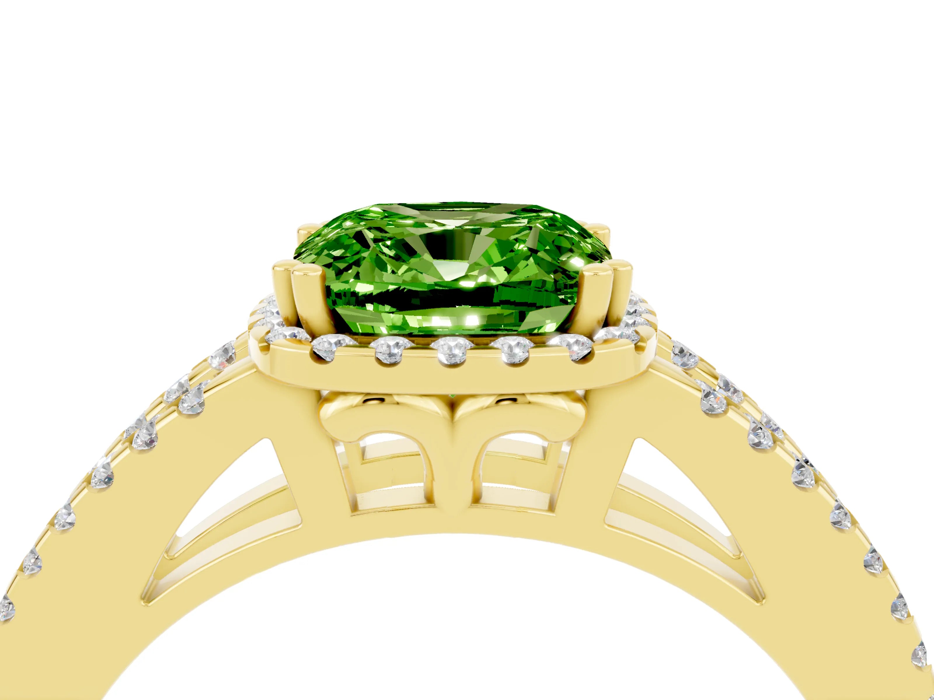 Yellow gold Cushion Cut Peridot Halo Split Shank Engagement Ring_16