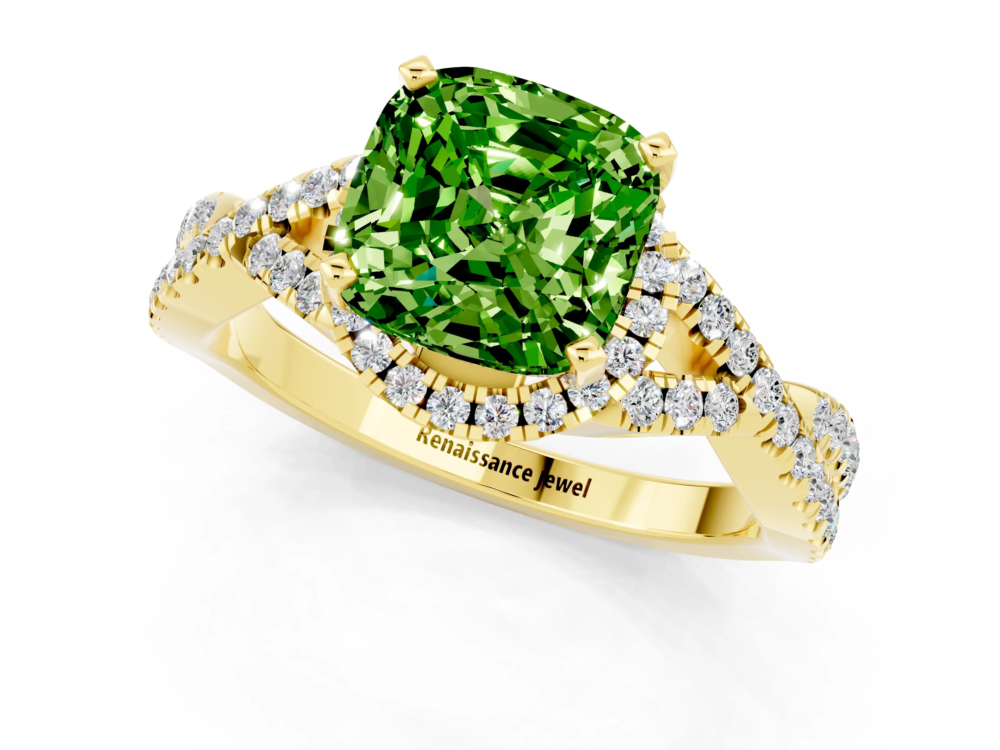 Yellow gold Cushion Cut Peridot Halo Twist Band Solitaire Prong Setting Ring_1