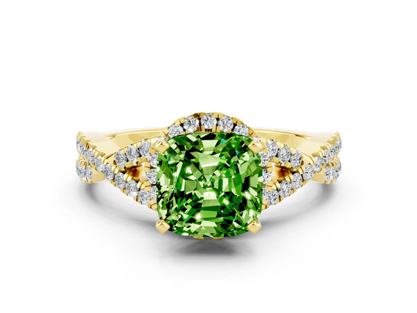 Yellow gold Cushion Cut Peridot  Halo Twist Band Solitaire Prong Setting Ring