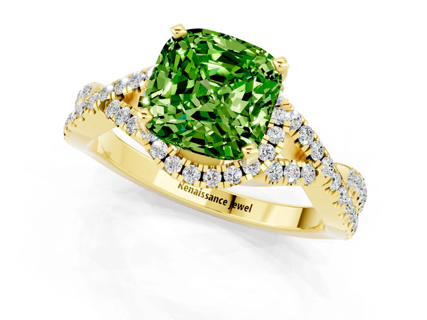 Yellow gold Cushion Cut Peridot  Halo Twist Band Solitaire Prong Setting Ring
