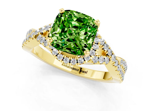 Yellow gold Cushion Cut Peridot Halo Twist Band Solitaire Prong Setting Ring_1