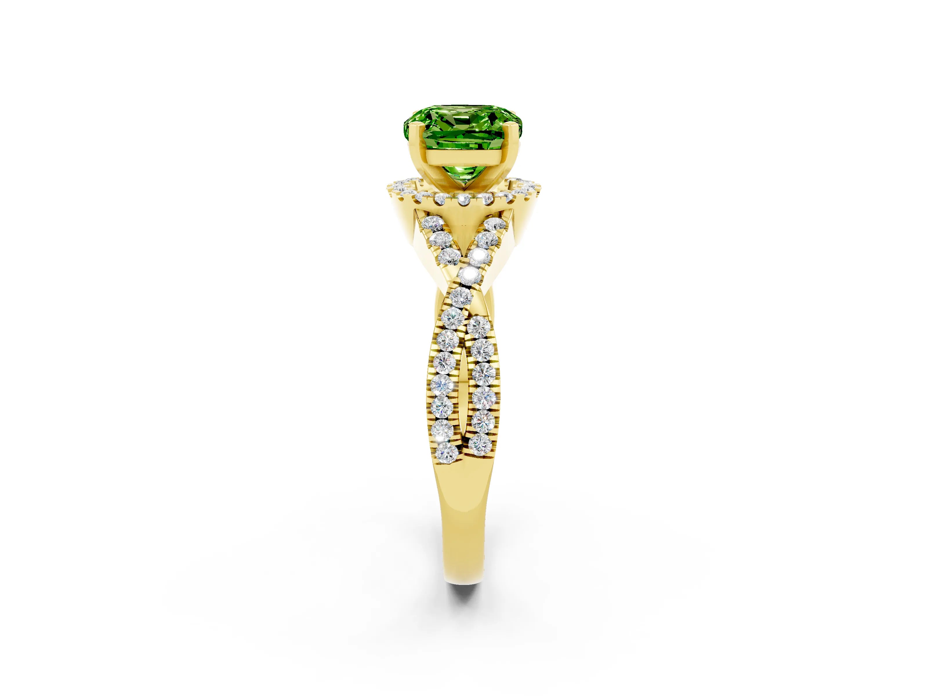 Yellow gold Cushion Cut Peridot Halo Twist Band Solitaire Prong Setting Ring_2
