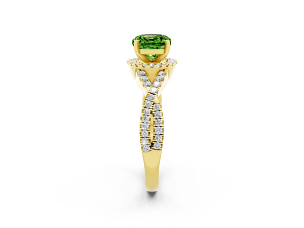 Yellow gold Cushion Cut Peridot  Halo Twist Band Solitaire Prong Setting Ring