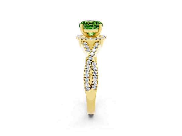 Yellow gold Cushion Cut Peridot  Halo Twist Band Solitaire Prong Setting Ring