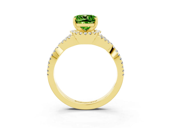 Yellow gold Cushion Cut Peridot  Halo Twist Band Solitaire Prong Setting Ring