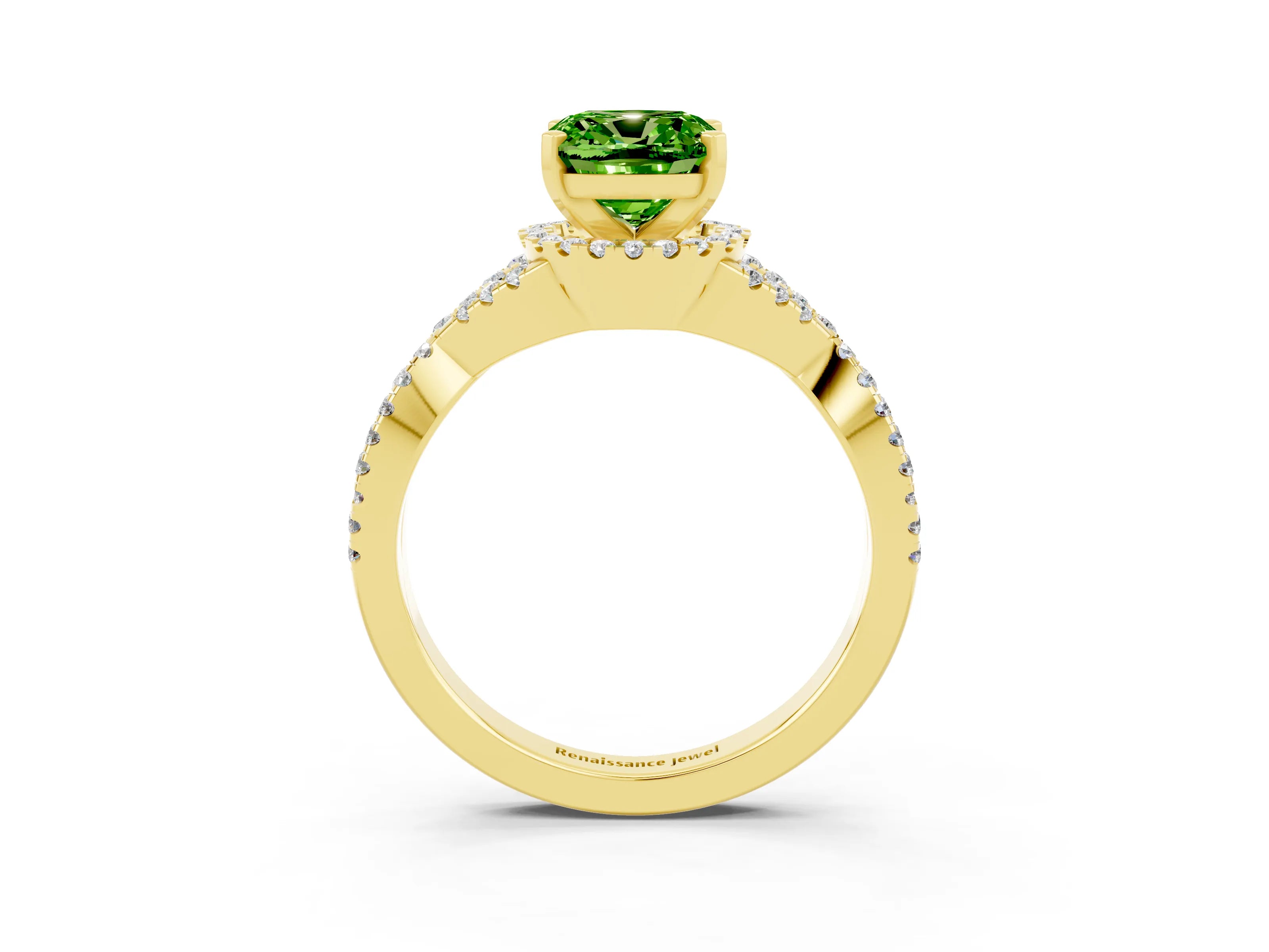 Yellow gold Cushion Cut Peridot Halo Twist Band Solitaire Prong Setting Ring_3