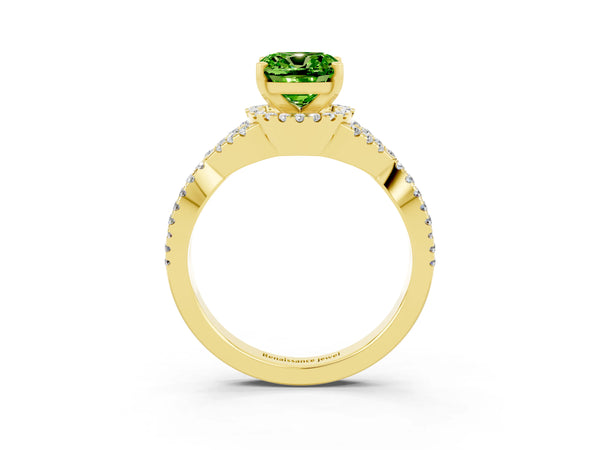Yellow gold Cushion Cut Peridot  Halo Twist Band Solitaire Prong Setting Ring