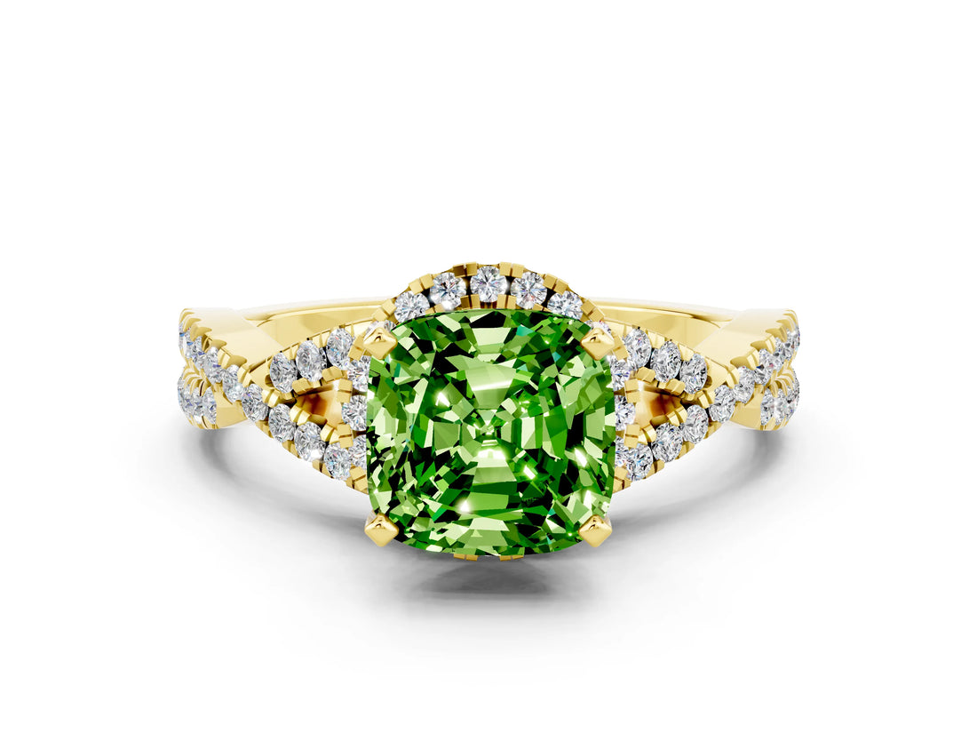Yellow gold Cushion Cut Peridot  Halo Twist Band Solitaire Prong Setting Ring_42