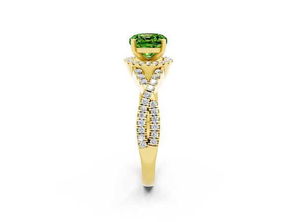 Yellow gold Cushion Cut Peridot  Halo Twist Band Solitaire Prong Setting Ring