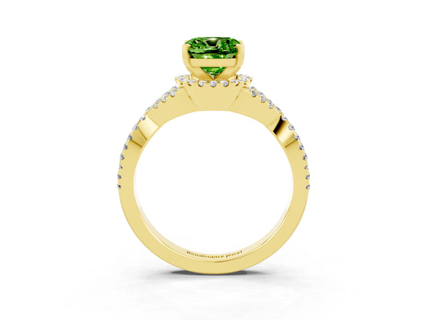 Yellow gold Cushion Cut Peridot  Halo Twist Band Solitaire Prong Setting Ring