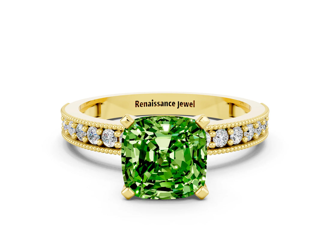 Yellow gold Cushion Cut Peridot Milgrain Pavé Engagement Ring with Four-Prong Setting_12