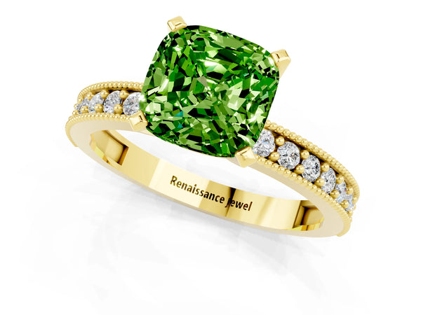 Yellow gold Cushion Cut Peridot Milgrain Pavé Engagement Ring with Four-Prong Setting