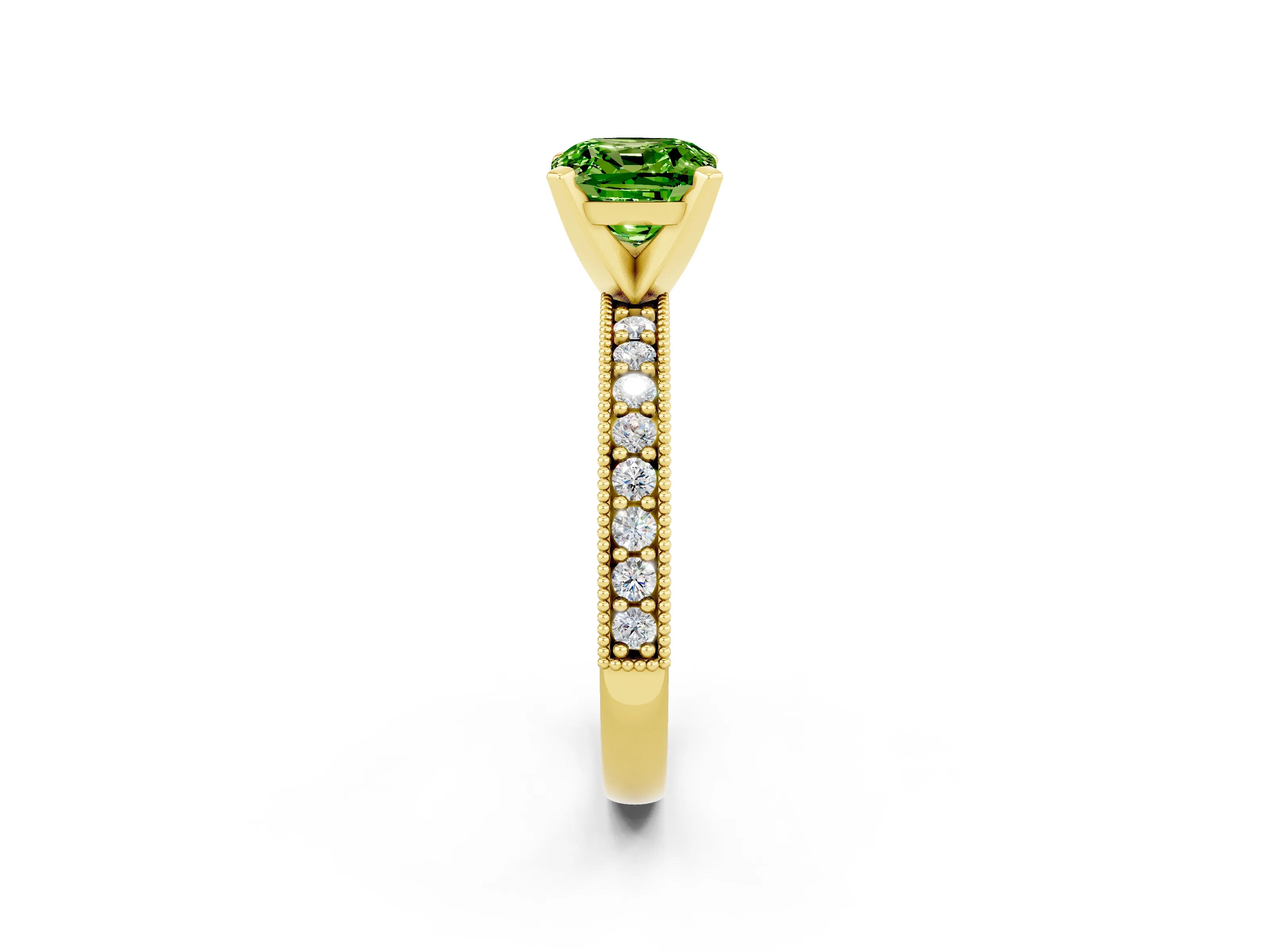 Yellow gold Cushion Cut Peridot Milgrain Pavé Engagement Ring with Four-Prong Setting_14