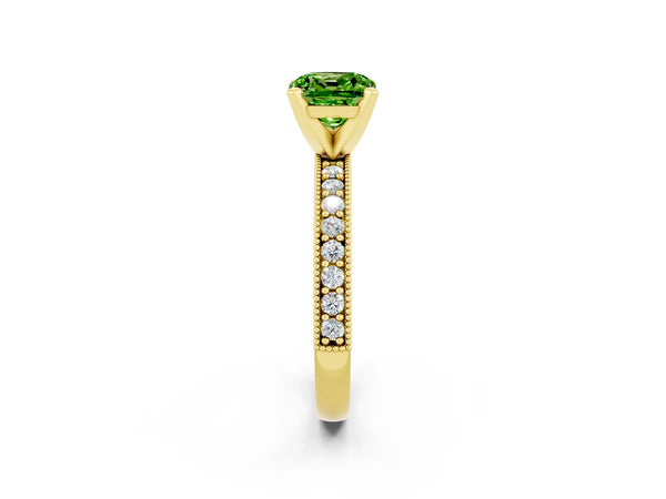 Yellow gold Cushion Cut Peridot Milgrain Pavé Engagement Ring with Four-Prong Setting