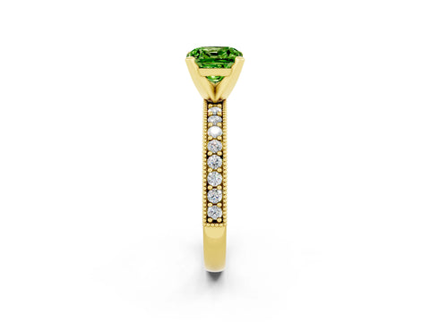 Yellow gold Cushion Cut Peridot Milgrain Pavé Engagement Ring with Four-Prong Setting_14