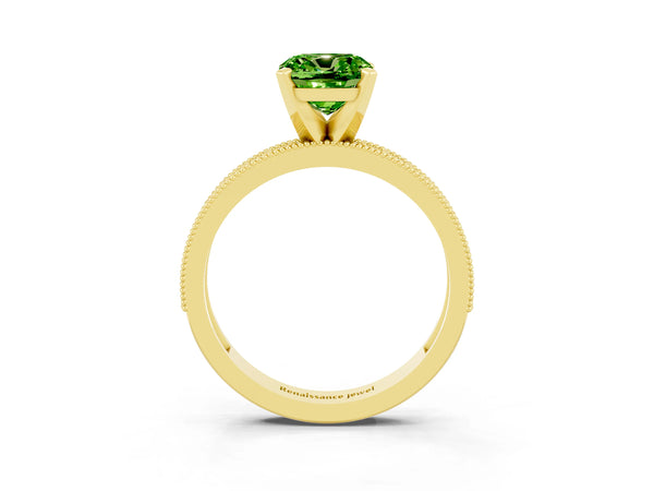 Yellow gold Cushion Cut Peridot Milgrain Pavé Engagement Ring with Four-Prong Setting