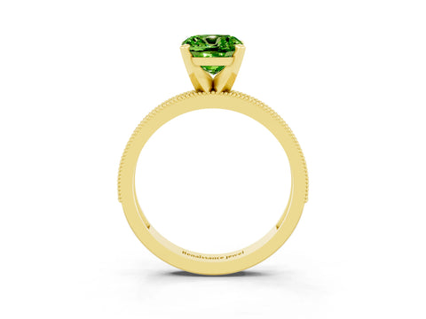 Yellow gold Cushion Cut Peridot Milgrain Pavé Engagement Ring with Four-Prong Setting_15