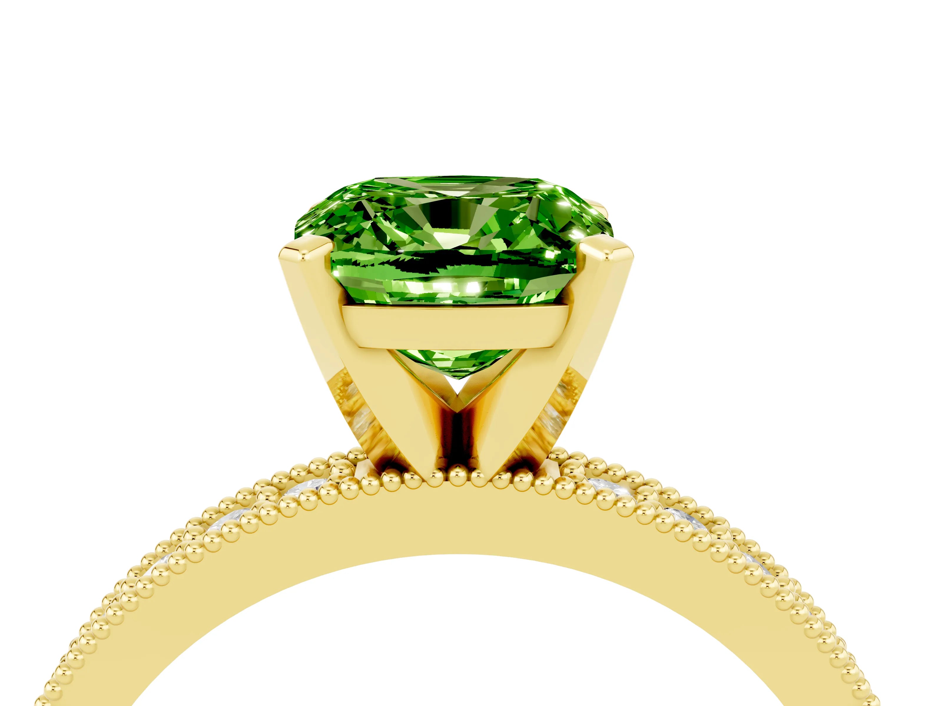 Yellow gold Cushion Cut Peridot Milgrain Pavé Engagement Ring with Four-Prong Setting_16