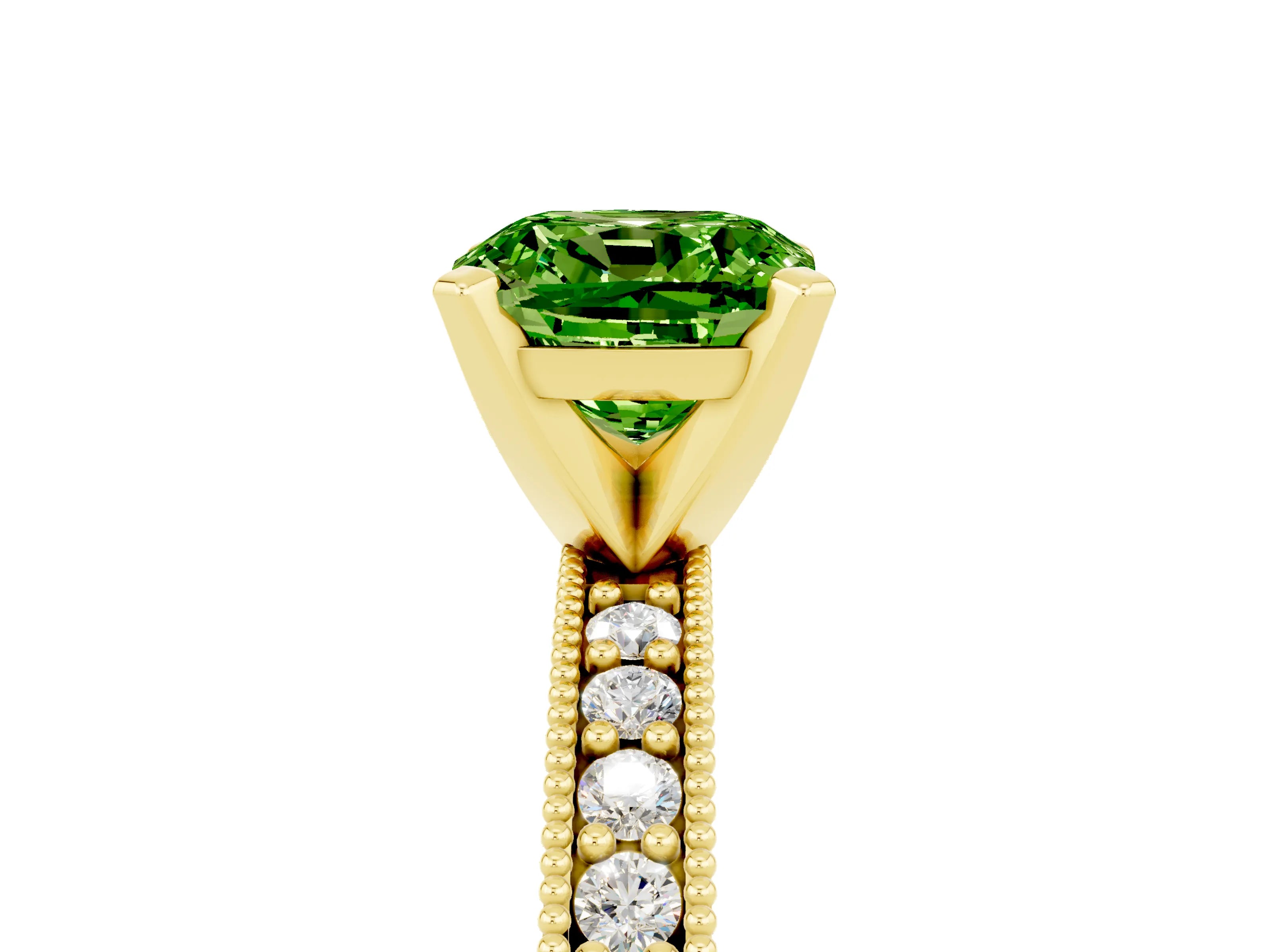 Yellow gold Cushion Cut Peridot Milgrain Pavé Engagement Ring with Four-Prong Setting_17