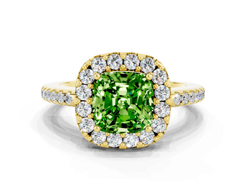 Yellow gold Cushion Cut Peridot Pavé Halo Ring with Four-Prong Setting_12