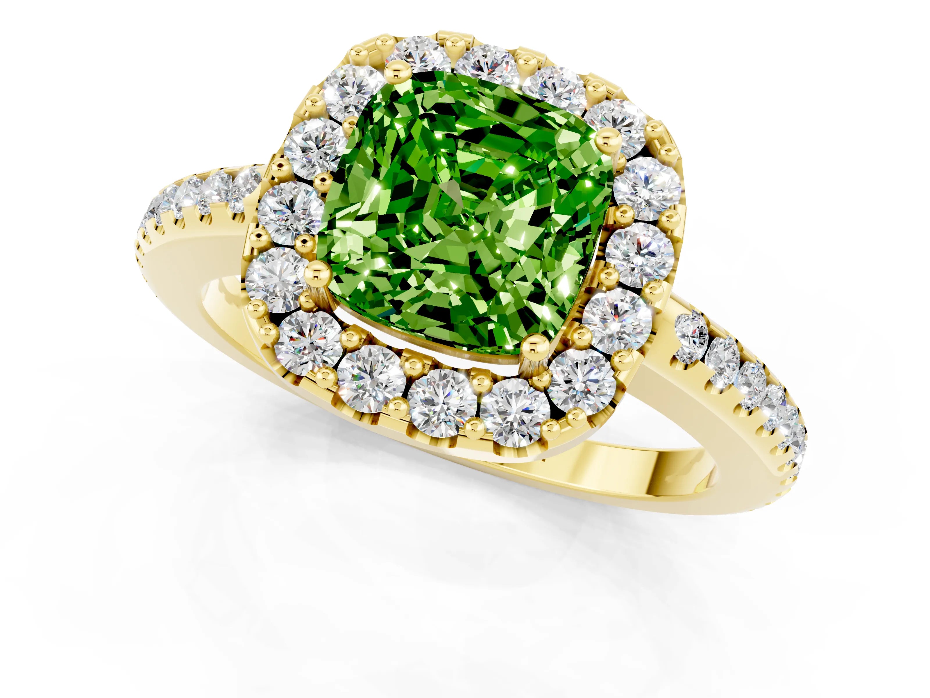 Yellow gold Cushion Cut Peridot Pavé Halo Ring with Four-Prong Setting_13