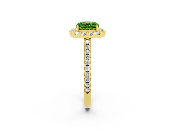 Yellow gold Cushion Cut Peridot Pavé Halo Ring with Four-Prong Setting