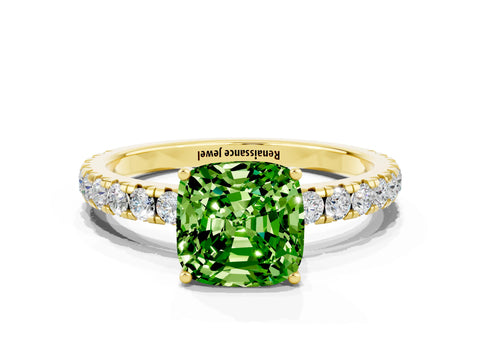 Yellow gold Cushion Cut Peridot Pavé Solitaire Engagement Ring with Four-Prong Setting_12