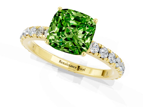 Yellow gold Cushion Cut Peridot Pavé Solitaire Engagement Ring with Four-Prong Setting_13