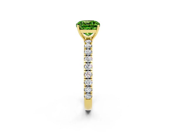 Yellow gold Cushion Cut Peridot Pavé Solitaire Engagement Ring with Four-Prong Setting